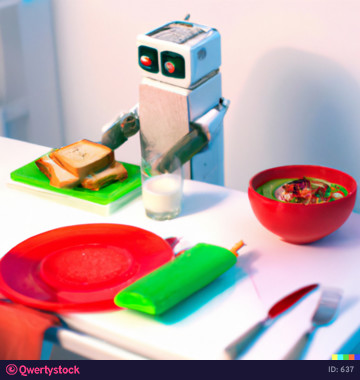 Robotic chef preparing meal frying pan, electronic stove oven. Creative design robot toy, automation smart home concept. illustration